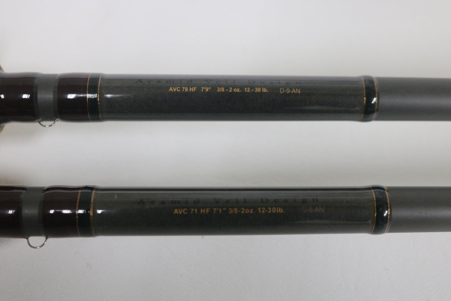 Two Fenwick Techna Av Used Casting Rods—AVC79HF (7’9”, 3/8-2oz.) and AVC71HF (7’1”) in very good condition with dark finishes and gold accents. Trade-in your gear for store credit on your next Fenwick upgrade!.