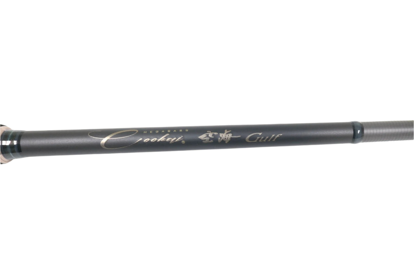 A close-up of a Megabass Cookai Gulf CKG-70M+S 7'0" spinning rod in excellent condition, labeled with "Megabass Cookai Gulf," featured in our Rod and Reel Trade-In Program. The rod rests against a plain white background, ready for its next adventure.