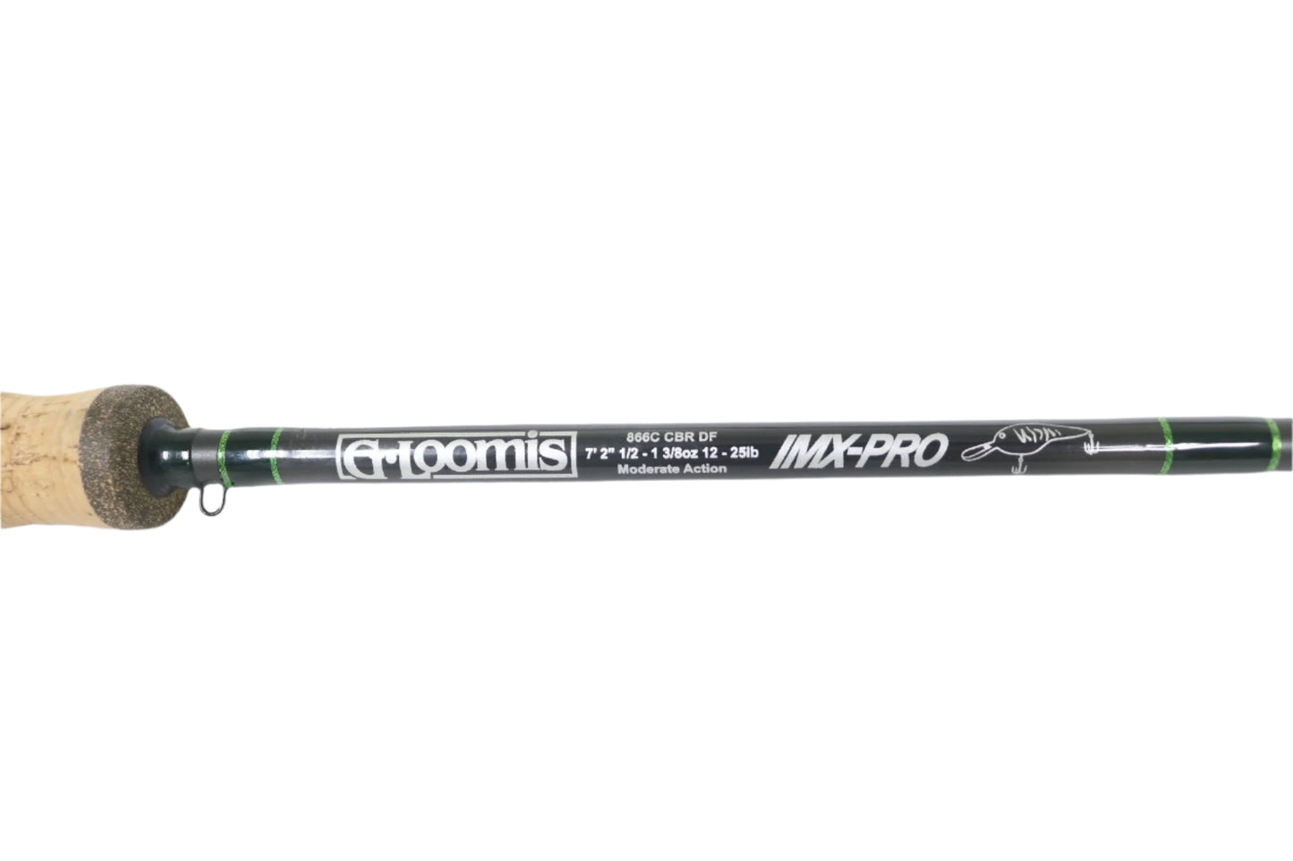 Close-up of a G. Loomis IMX-PRO 866C CBR DF 7'2" Heavy Used Casting Rod in mint condition, showing detailed specs and cork handle—ideal for those interested in used gear or our Rod & Reel Trade-In Program for store credit.