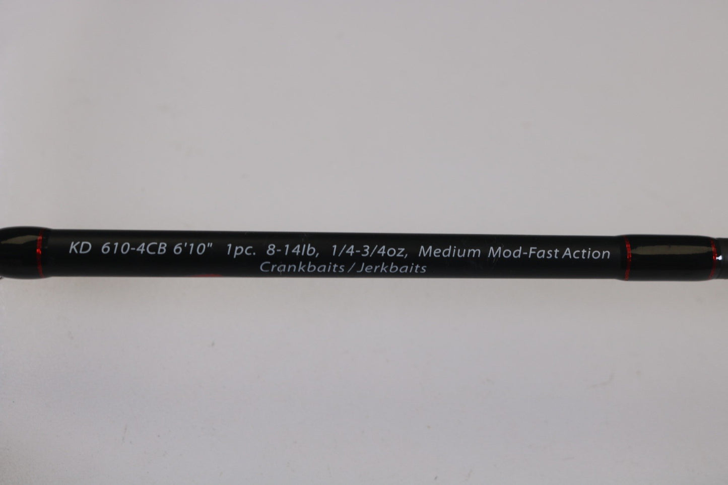 A close-up of the Dobyns Kaden KD6104CB 6'10" Medium Crankbait Used Casting Rod (Very Good Condition) with specs shown. Ideal for our Rod and Reel Trade-In Program or to add to your used Dobyns gear collection.