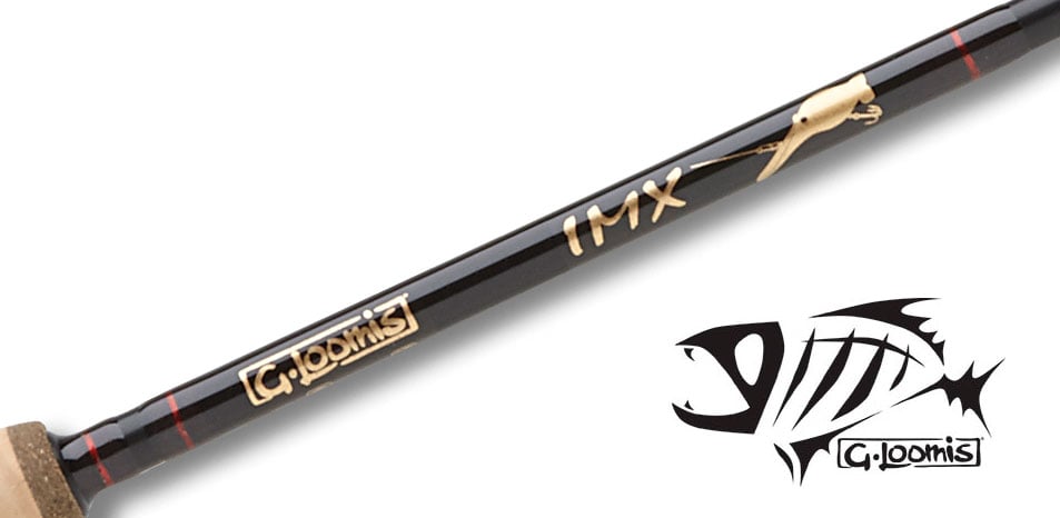 Close-up of a G. Loomis IMX Hot Shot Casting Rod IMX 1021-2C HSR with gold lettering and fish logo, shown next to a stylized black fish graphic featuring the G. Loomis name.