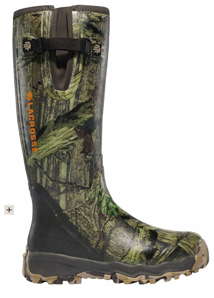 The Lacrosse Alpha-Burly Pro Boots Infinity Camo Side Zip 18In Size 08 feature pull tabs, a tan rugged sole, orange "LACROSSE" branding, and an easy-access side zip.
