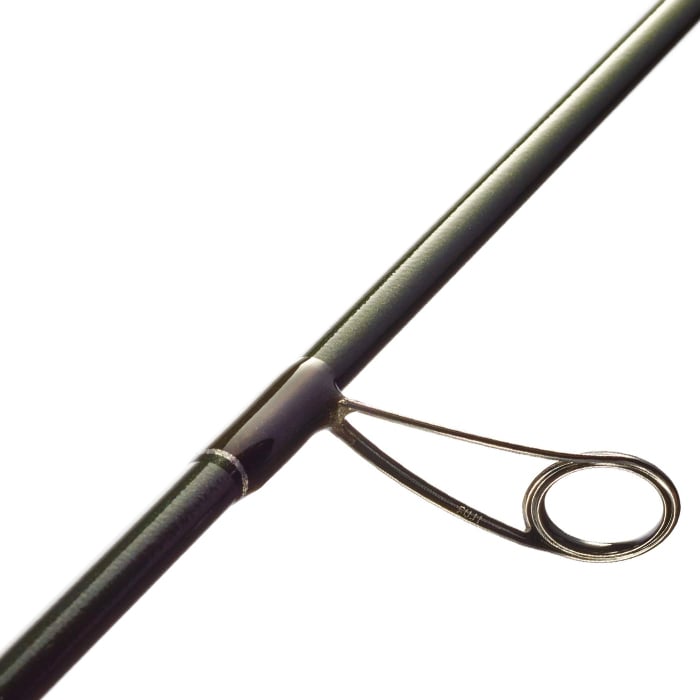 Close-up of a metal guide ring attached to a St. Croix Legend Elite 7'0" Light Spinning Rod (ES70LF). The oval-shaped guide enhances the rod's dark, glossy finish, all against a pristine white background.