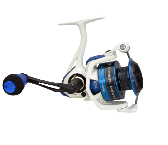 The Lew's Custom Inshore Speed Spin 300 CI300 spinning reel features a 6.2:1 gear ratio, foam grip handle, and custom detailing in blue, black, and white, shown on a plain white background.