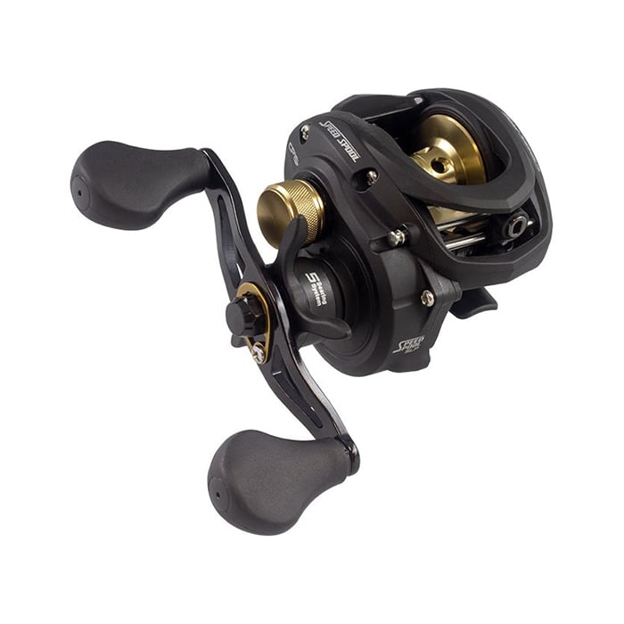 The Lew's Classic Pro Speed Spool SLP 7.5:1 Left Hand Casting Reel (CP1SHL) features solid brass Speed Gears, dual ergonomic handles, spool, and adjustment knobs in a lightweight SLP graphite frame, shown in black and gold against a white background.