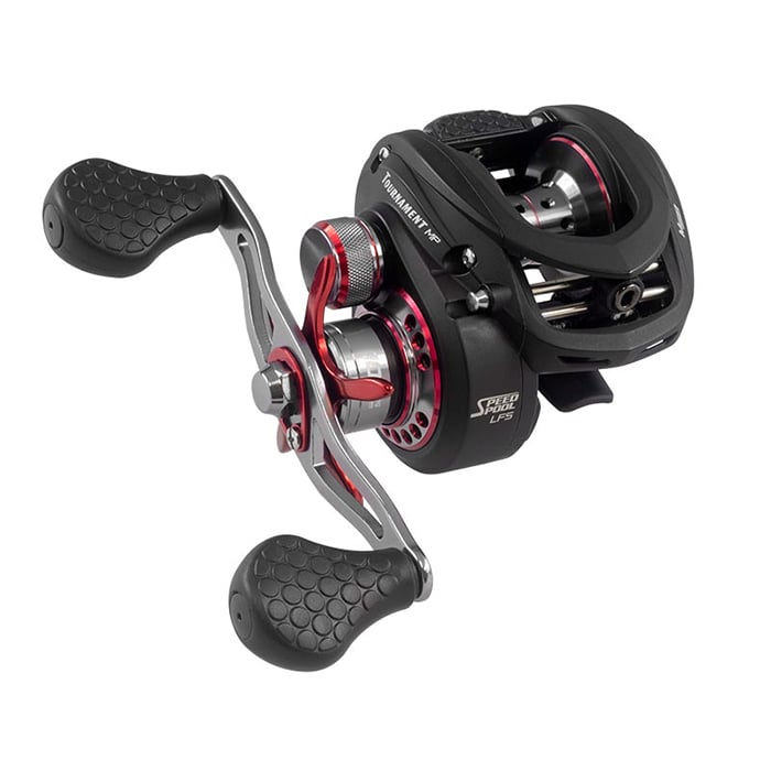 The Lew's Tournament MP LFS 6.8:1 Left Hand Casting Reel (TS1HMPL) features a black and red design with dual textured handles, metal components, and detailed accents, shown angled on a white background.