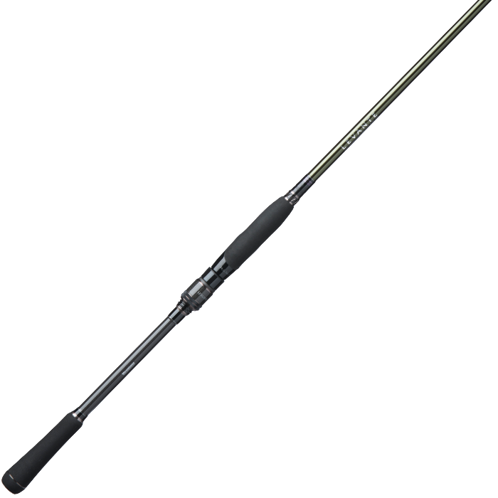 The Megabass Levante "Enforcer" 7'4" Medium Spinning Rod (F4.5-74LVS) features a black and silver design with foam grips on both ends, shown diagonally on a white background—lightweight, balanced, and ideal for angling or recreational fishing.