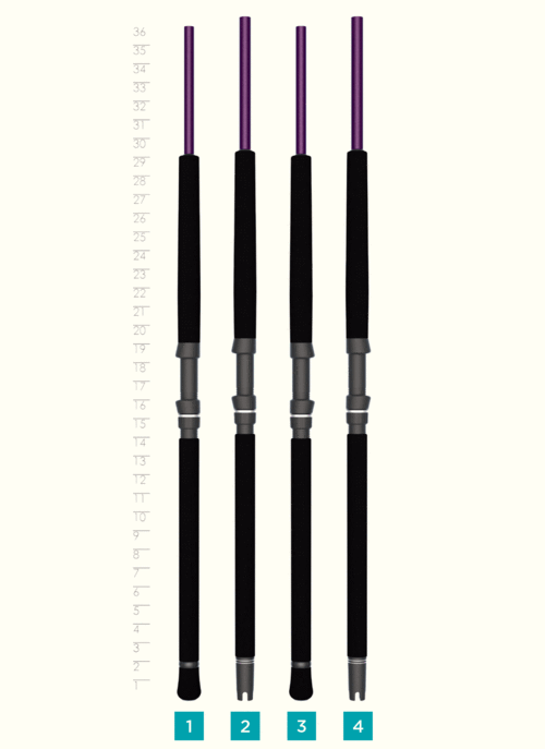 Four St. Croix Mojo Salt 7'0" Medium Spinning Rods (MSWS70MF) are shown upright against a measuring chart, labeled 1 to 4. Each features a black handle and purple tip, ranging from 27 to 36 inches in height.