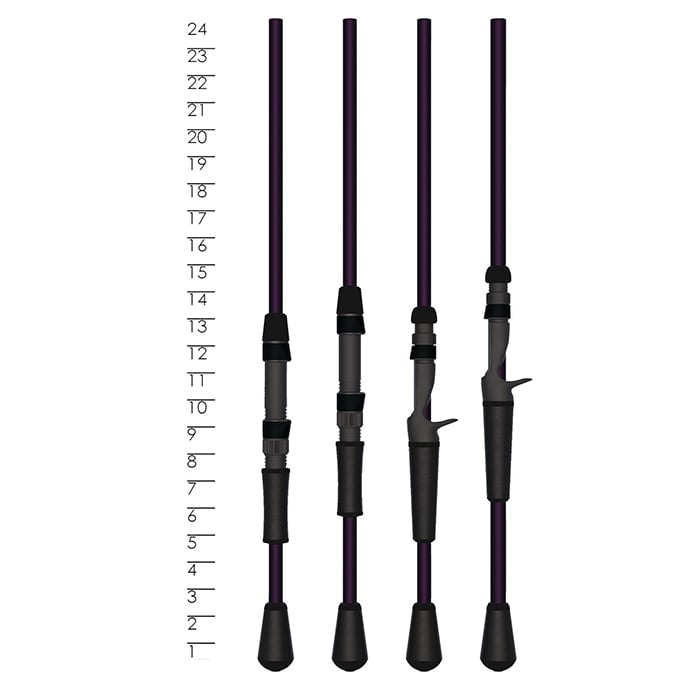 Four St. Croix spinning rod handles, including the Mojo Yak 7'0" Medium Heavy Spinning Rod (MYS70MHF), stand upright by a ruler marked 7–24 inches, showcasing different handle lengths and black and dark purple grip designs.