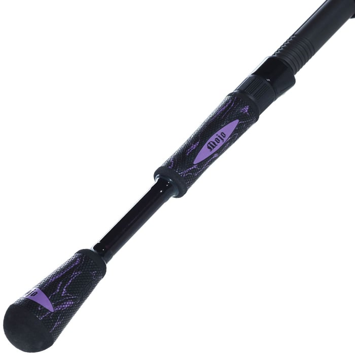 Close-up of the St. Croix Mojo Yak 7'0" Medium Heavy Spinning Rod handle with a black and purple textured foam grip, featuring “Mojo Yak” branding—designed for kayak fishing enthusiasts.