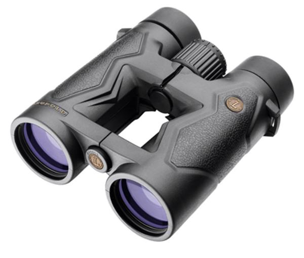 The Leupold BX-3 Mojave 12x50mm Roof Binoculars 111772 are black, waterproof binoculars with textured grips, purple-tinted lenses, a central focusing knob, and a compact, angular design.