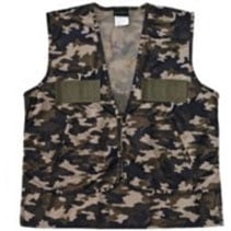 The americanlegacyfishing Reliable Game Vest w/Game Bag in Brown Camo (Xlarge) is sleeveless, features a green, brown, and black camo pattern, and includes two front pockets with green flaps.