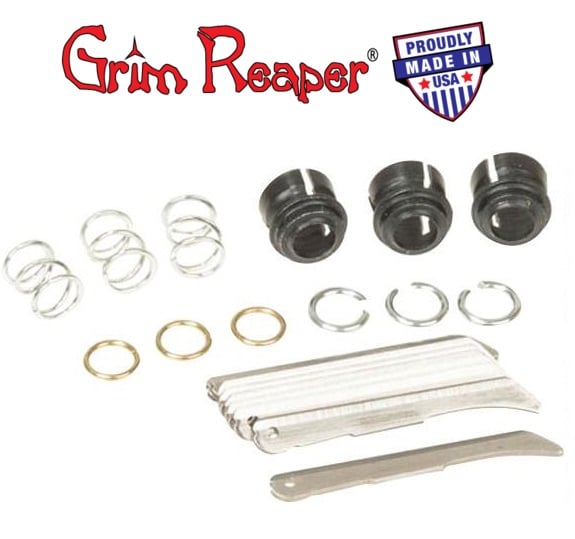 The Grim Reaper Razortip Whitetail Special Mechanical Broadhead Replacement Kit 100Gr 2" 9Pk includes three black blade housings, six springs, four rings, three silver blades, and features a "Proudly Made in USA" badge.