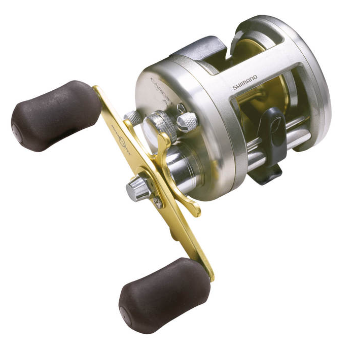 The Shimano Cardiff A Round Casting Reel CDF301A Left Hand features a silver and gold body, dual black handles, a thumb bar, visible adjustment knobs, and a VBS braking system for smooth casting and retrieval.