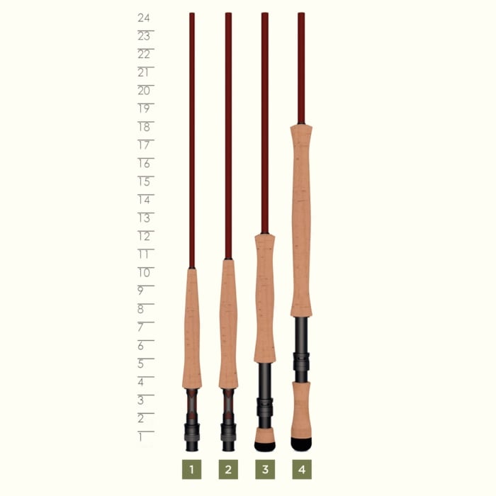 Four St. Croix Imperial USA 9'0" 9wt 2 Piece Fly Rod handles stand upright in a row next to an inch-marked ruler from 9" to 24"; each high-modulus graphite rod is labeled 1, 2, 3, and 4 at the base.
