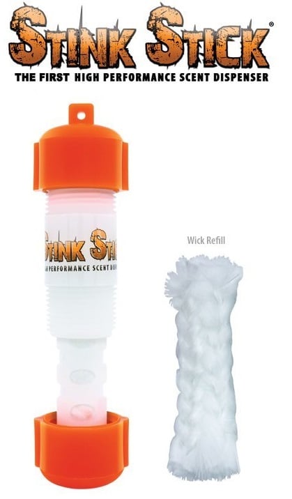 A Conquest Stink Stick Orange Scent Dispenser | 16002 by Conquest Scents sits beside a twisted wick refill. Text above reads, "Stink Stick: The First High Performance Scent Dispenser," highlighting its leak-free, advanced design.