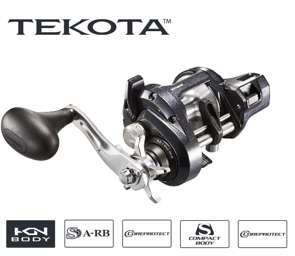 The Shimano Tekota 601HGLCA 6.3:1 Left Hand Line Counter Casting Reel by Shimano is displayed angled, featuring a black handle, metal body, and icons for Hagane Body, S A-RB, CoreProtect, Compact Body, and line counter functions.