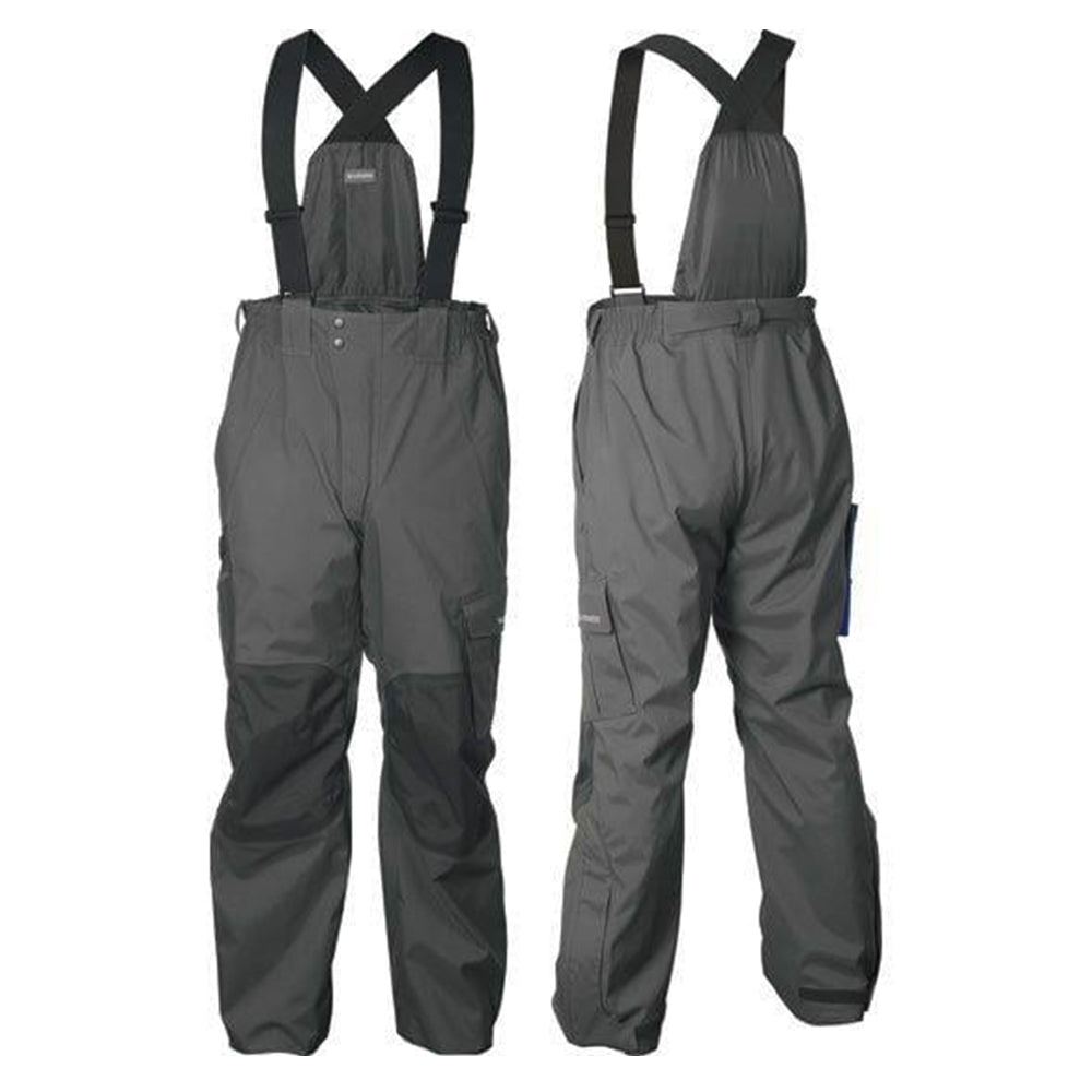 Two Shimano Dryfender 3T Rain Bibs in charcoal (size XXXL) are shown—one front view and one back view—both with black adjustable suspenders, displayed on a white background.