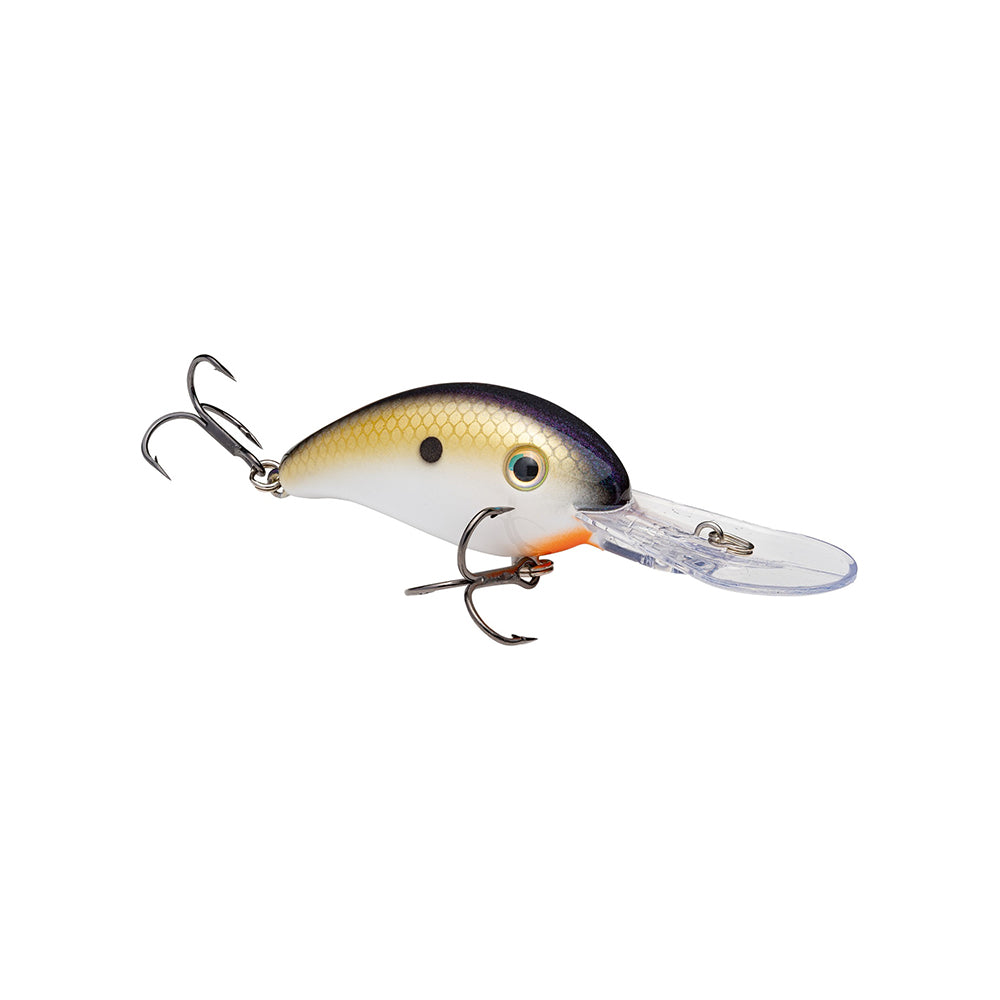 The Strike King 3XD Crankbait features a clear plastic lip, white belly, yellow sides, black back, and two treble hooks—perfect for bass fishing with lifelike action.