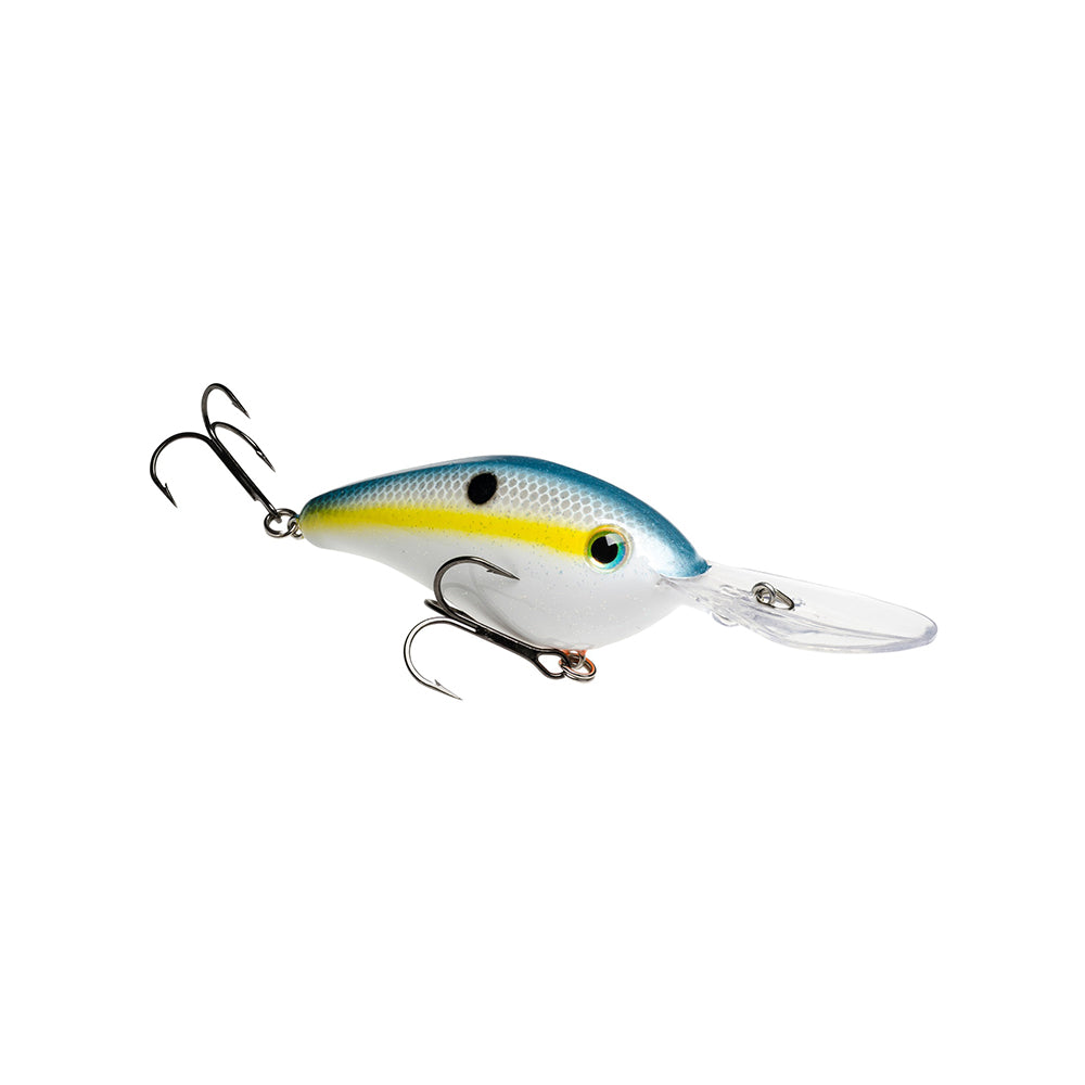 The Strike King 6XD Crankbait by Strike King features a blue and white body with a yellow stripe, two black spots, two treble hooks, and a clear plastic lip for deep diving action.