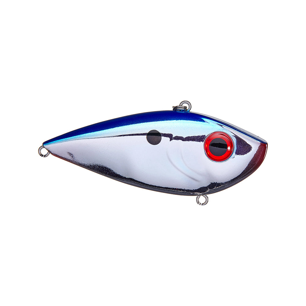 A Strike King Red Eye Shad lipless crankbait by Strike King, with a metallic silver body, blue back, black spot near the head, large red and black eye, and premium hooks, is shown against a white background.