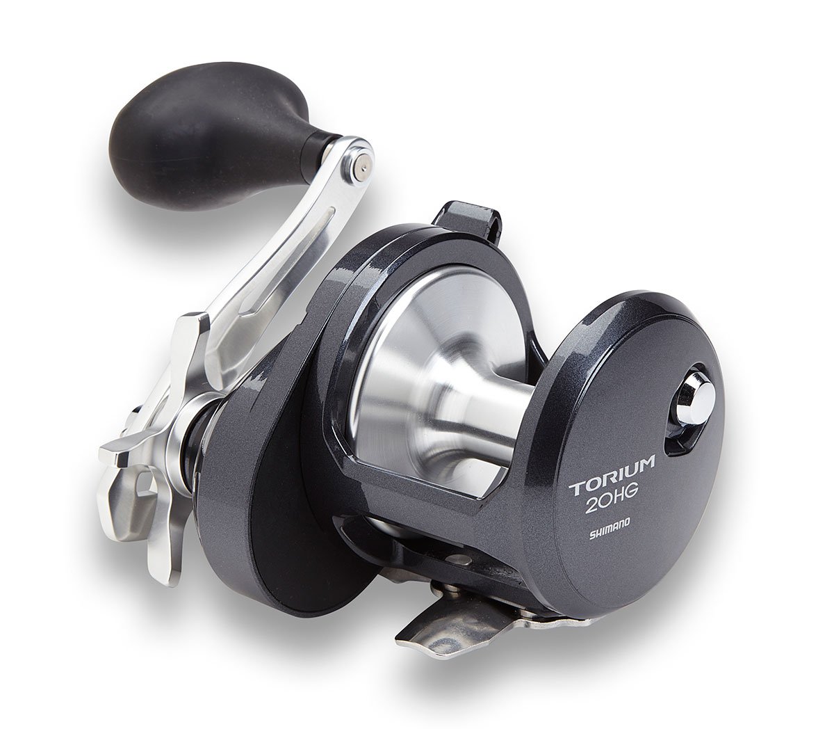 A close-up of the Shimano Torium 20HGAL Left Hand Star Drag Reel by Shimano shows its silver body, large spool, and black ergonomic handle—perfect for live bait saltwater fishing against a white background.