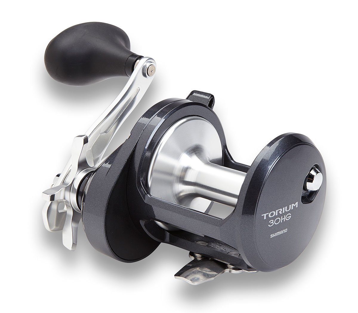 A close-up of a Shimano Torium 30HGA Star Drag Fishing Reel, finished in metallic silver and black with a large handle and sturdy build, from Shimano, displayed on a white background.