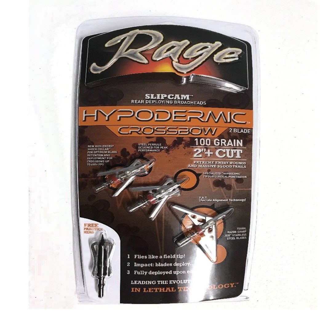A plastic pack of Rage Hypodermic Slipcam Crossbow 100 Gr. 2" + Cut 3pk (R39600) by Rage, displaying three metallic broadheads with a 2-inch cutting diameter and product details on the front.