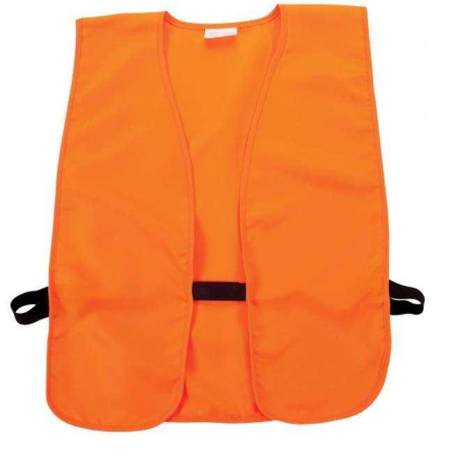 The americanlegacyfishing Allen Safety Vest Blazer Orange Big Man is a sleeveless V-neck vest with a black adjustable strap and secure Velcro waist ties, shown against a white background.