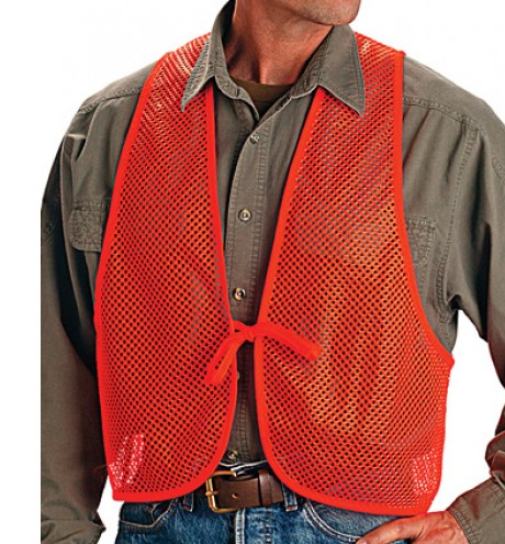 An individual wears a gray button-up shirt and blue jeans with the Allen Safety Vest Mesh Blazer Orange Adult from Allen—a sleeveless mesh vest adding visibility and style, reminiscent of a casual mesh blazer.