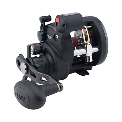 The Penn Warfare Level Wind Reel Line Counter (WAR15LWLC) by Penn, featuring a large handle, metal parts, and a compact black design, is shown on a white background—ideal for versatile angling.