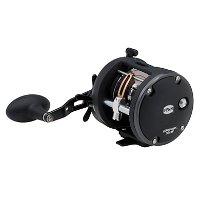 The Penn Warfare Level Wind Reel (WAR30LW) by Penn features a large handle, silver accents, exposed internals, and HT-100 drag washers—making it a versatile saltwater fishing reel.