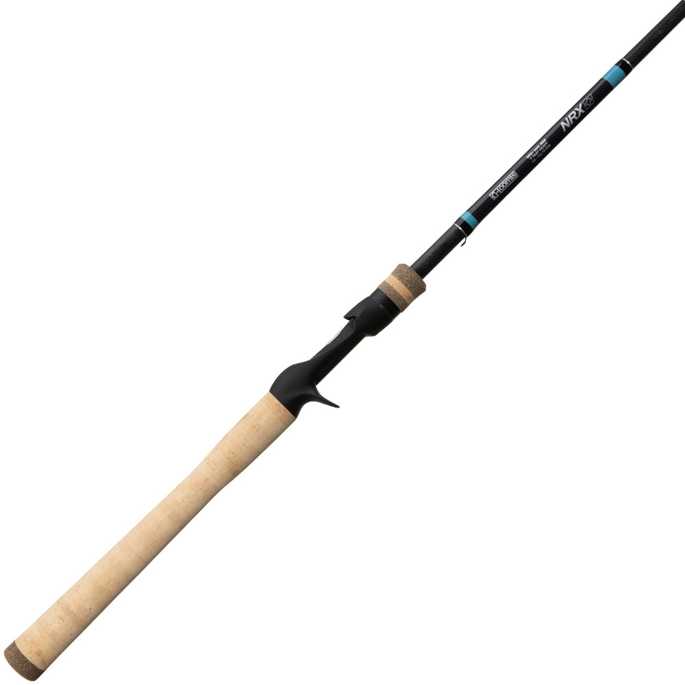 A spinning fishing rod with a long cork handle, black reel seat, and a thin, dark rod blank. The guides and accents are in metallic blue, giving it a sleek, modern appearance.
