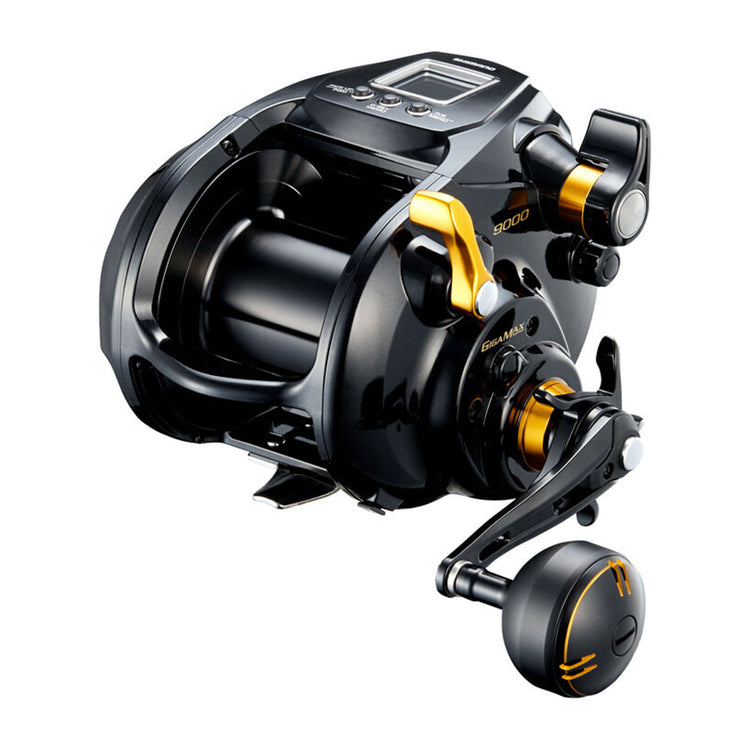 A black and gold electric fishing reel featuring a digital display and ergonomic handle. Its sleek, modern design emphasizes functionality with a compact form and multiple adjustment knobs.
