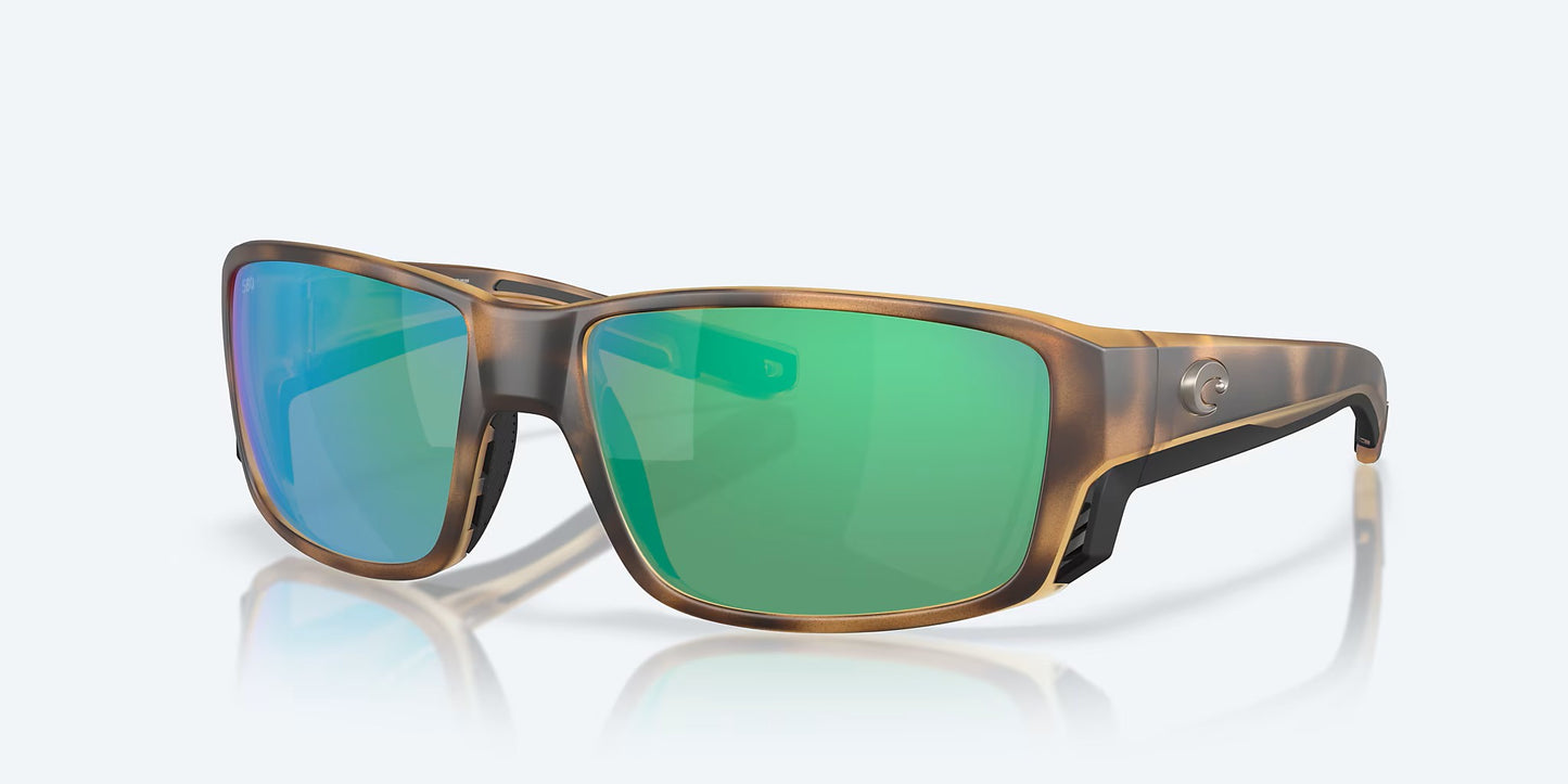 Costa Del Mar Tuna Alley Pro sunglasses, featuring a matte tortoise frame with large rectangular 580G green mirror glass lenses and black arm accents, are displayed against a light gray background.