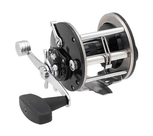 A close-up of the Penn General Purpose Levelwind Fishing Reel 2.8:1 309M in black and silver by Penn, featuring a large crank handle and line guide, isolated on a white background.