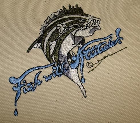 Show off your style with the Fish With Attitude Deluxe Boat Tote Blue from americanlegacyfishing, featuring an embroidered sharp-toothed fish and "Fish With Attitude!" in blue lettering on beige canvas. Perfect for all your fishing essentials!.