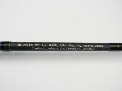 A close-up of the Dobyns Champion XP DC706CB 7'0" Heavy Used Casting Rod in excellent condition with white text showing specs. Great for Rod and Reel Trade-In or earning store credit on used Dobyns gear.