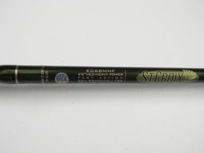 A close-up of the St. Croix Legend Elite EC68MHF 6'8" Medium Heavy Used Casting Rod in very good condition, featuring a USA emblem—perfect for anglers interested in our Rod and Reel Trade-In Program or browsing used gear by St. Croix.
