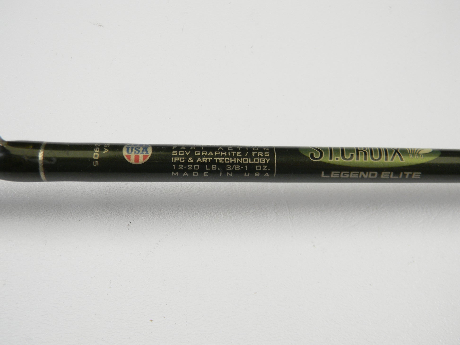 Close-up of a St. Croix Legend Elite EC68MHF 6'8" Medium Heavy Used Casting Rod in very good condition, featuring its model details and "Made in USA" label—ideal for anglers interested in our Rod and Reel Trade-In Program.