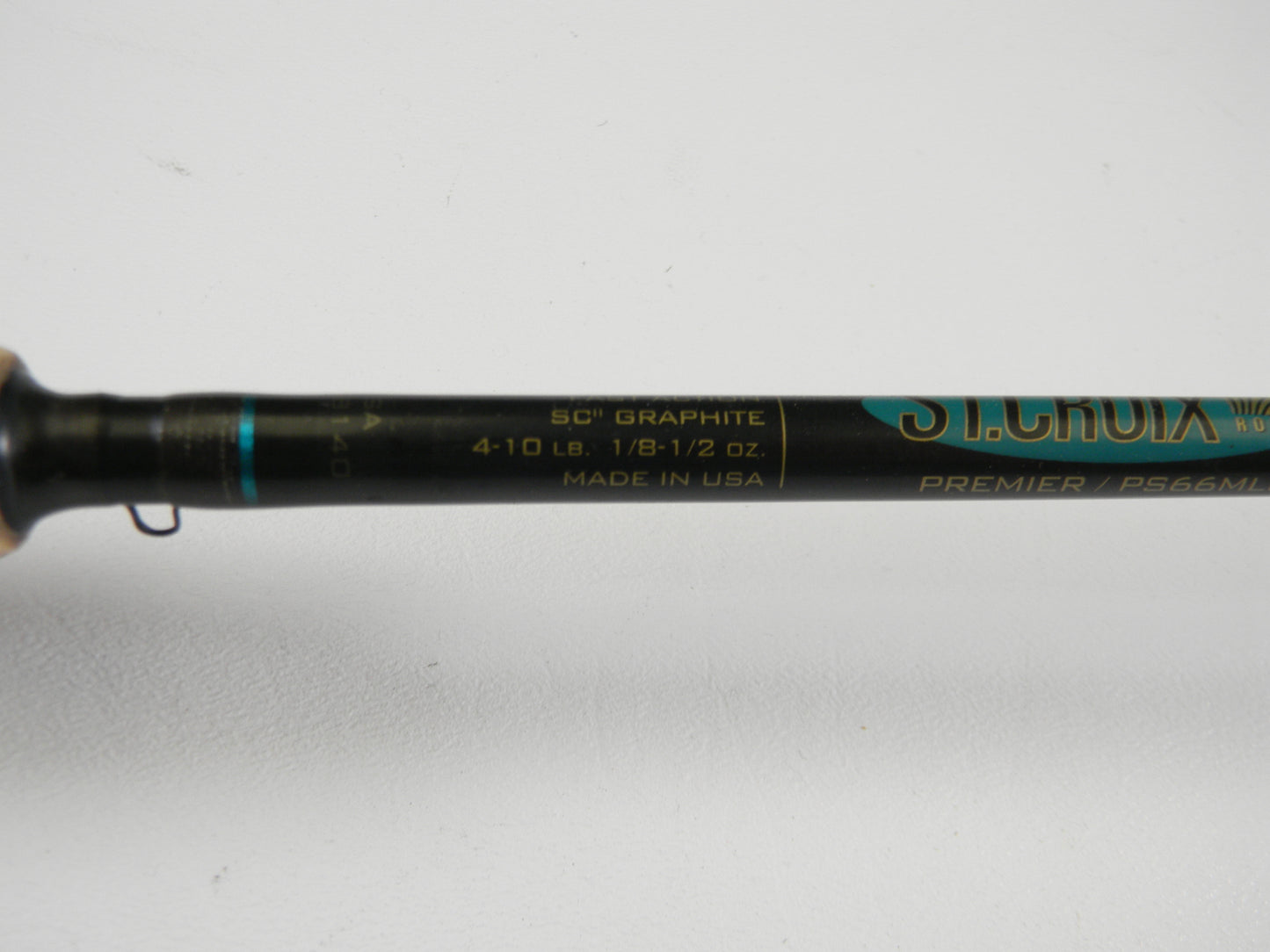 A close-up of the St. Croix Premier PS66MLF 6'6" Medium Light Spinning Rod (used, good condition) makes it an ideal candidate for our Rod and Reel Trade-In Program if you're considering upgrading your fishing gear.