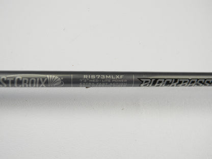 Close-up of the St. Croix Black Bass RIS73MLXF 7'3" Medium Light Used Spinning Rod label—an excellent condition option for the Rod and Reel Trade-In Program if you want quality pre-owned St. Croix gear or store credit.