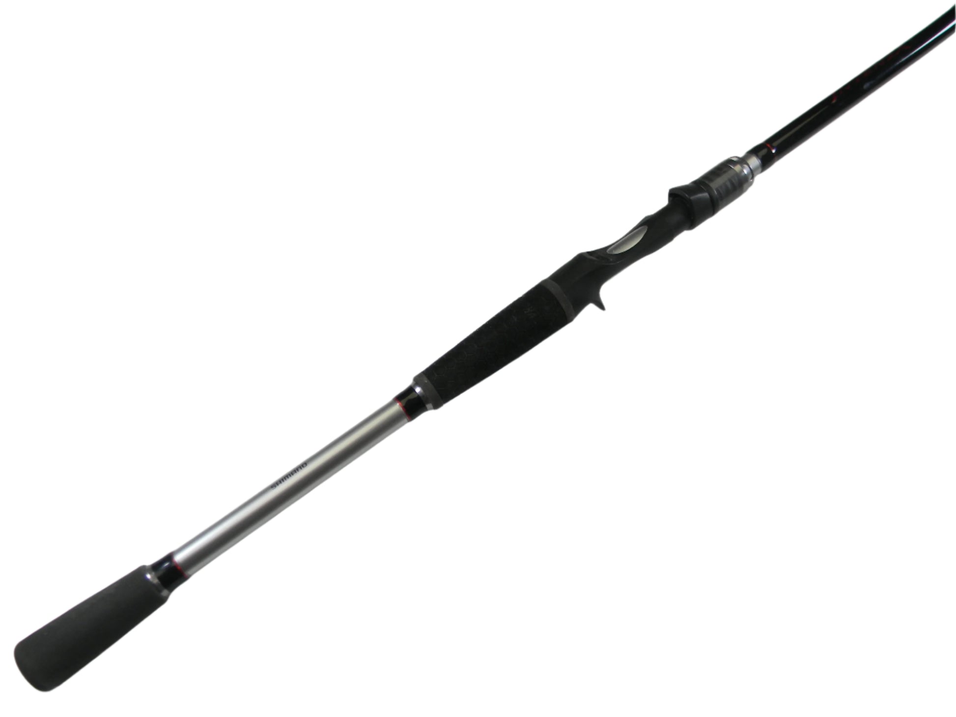 The Shimano Intenza NTZC76MHG 7'6" Medium Heavy Glass casting rod, part of the Rod and Reel Trade-In Program, lies diagonally against a white background. It has a black handle with silver accents and features a reel seat and foam grip for comfort. This used rod is in excellent condition.