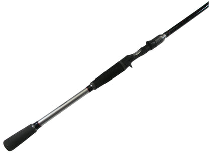 The Shimano Intenza NTZC76MHG 7'6" Medium Heavy Glass casting rod, part of the Rod and Reel Trade-In Program, lies diagonally against a white background. It has a black handle with silver accents and features a reel seat and foam grip for comfort. This used rod is in excellent condition.