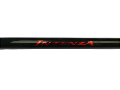 Close-up of a black Shimano Intenza casting rod, featuring the word "INTENZA" in bold, red letters against a white background, reminiscent of premium used gear.