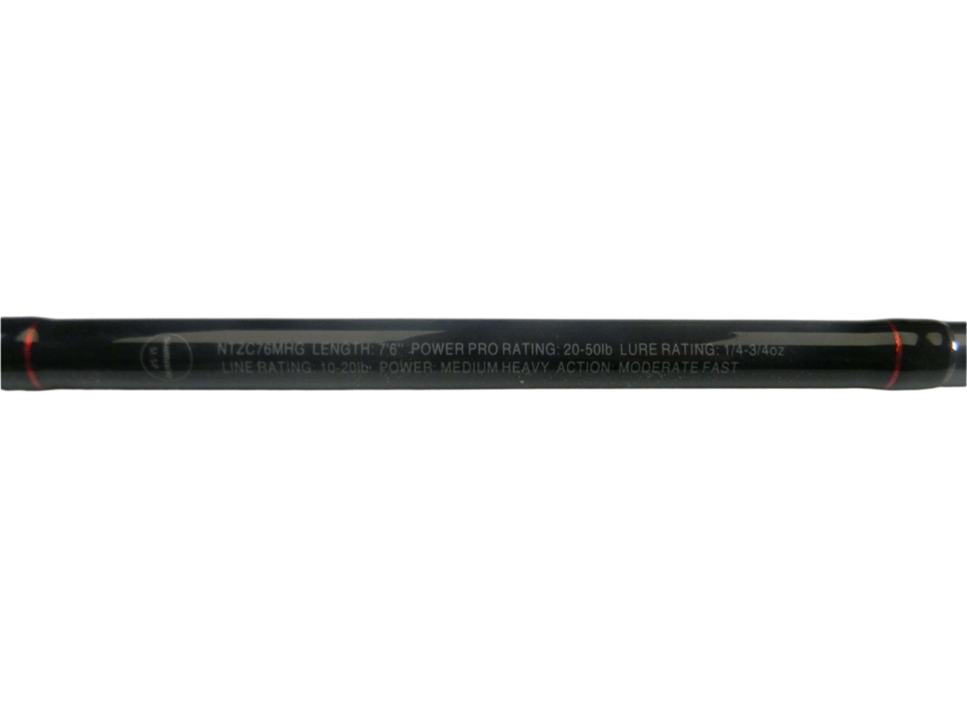 A close-up of the Shimano Intenza NTZC76MHG 7'6" Medium Heavy Glass Casting Rod, in excellent condition, highlights specs like power pro rating and action. The sleek black design with red accents is ideal for upgrading gear through the Rod and Reel Trade-In Program.