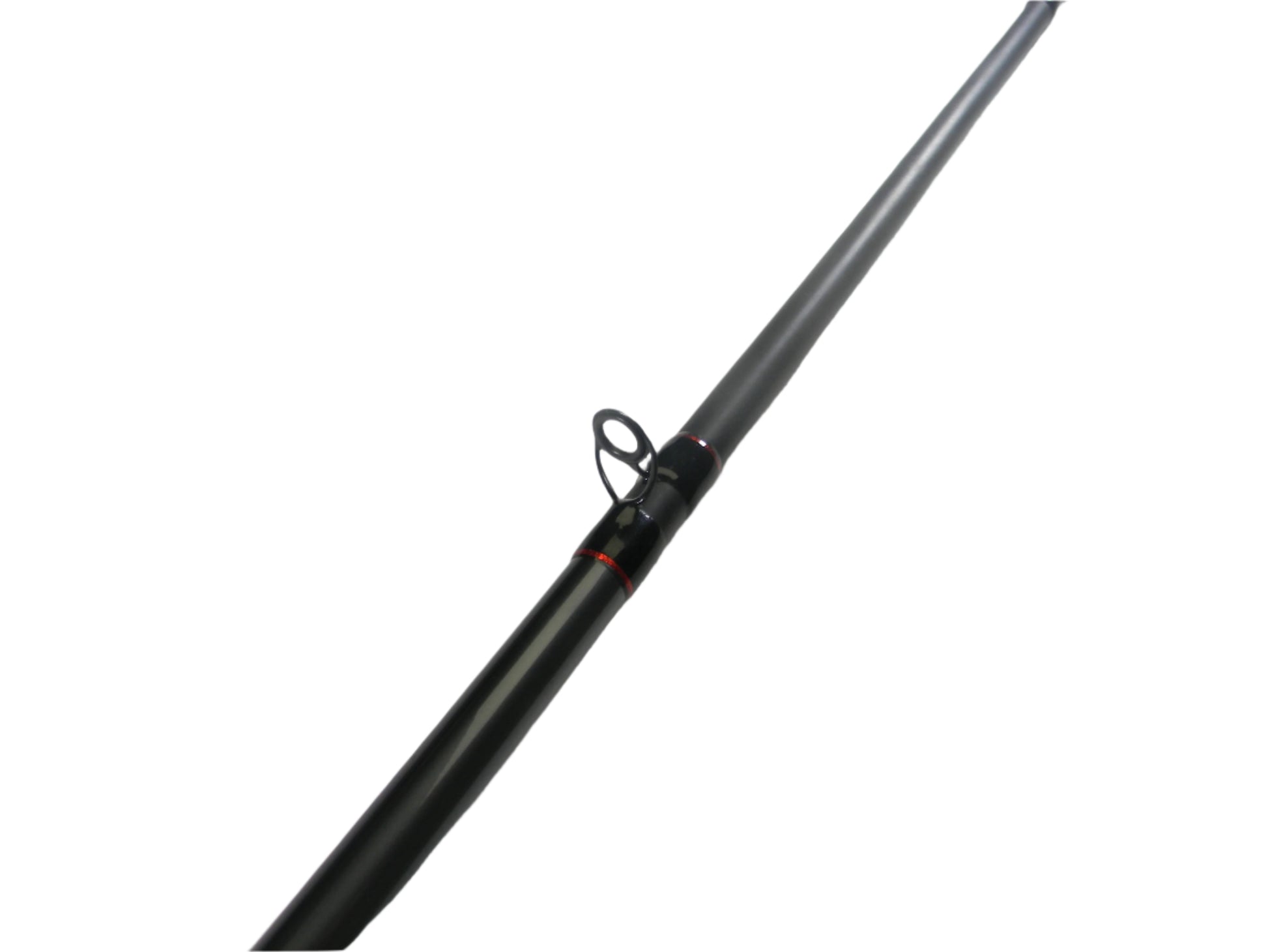 A Shimano Intenza NTZC76MHG 7'6" Medium Heavy Glass Casting Rod from our Rod and Reel Trade-In Program rests on a white surface. This black rod with red accents is in excellent used condition and may qualify you for store credit.