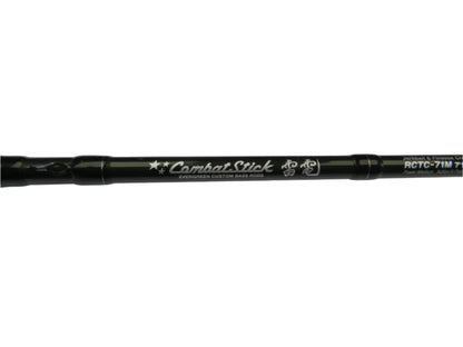 Close-up of a sleek, black Evergreen Combat Stick RCTC-71M Jerkbait & Finesse Crankbait 7'1" Medium casting rod in excellent condition against a white background. Perfect for our Rod and Reel Trade-In Program to exchange used gear for store credit.