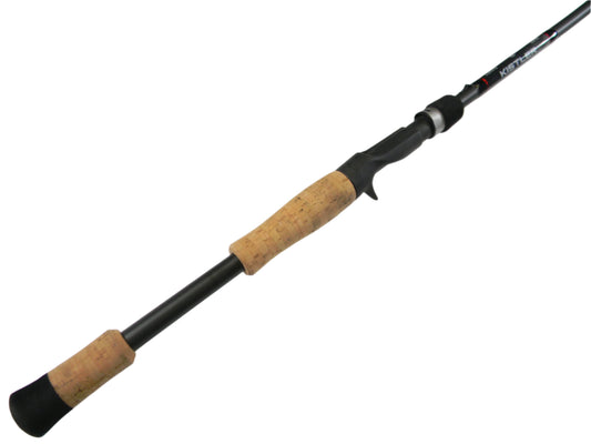 Discover the Kistler Feel n Reel FNR70MH casting rod, featuring a black shaft and cork handle. Ideal for the Nation's Best Rod and Reel Trade-In Program, its tapered handle and sleek design offer comfort for fishing enthusiasts.