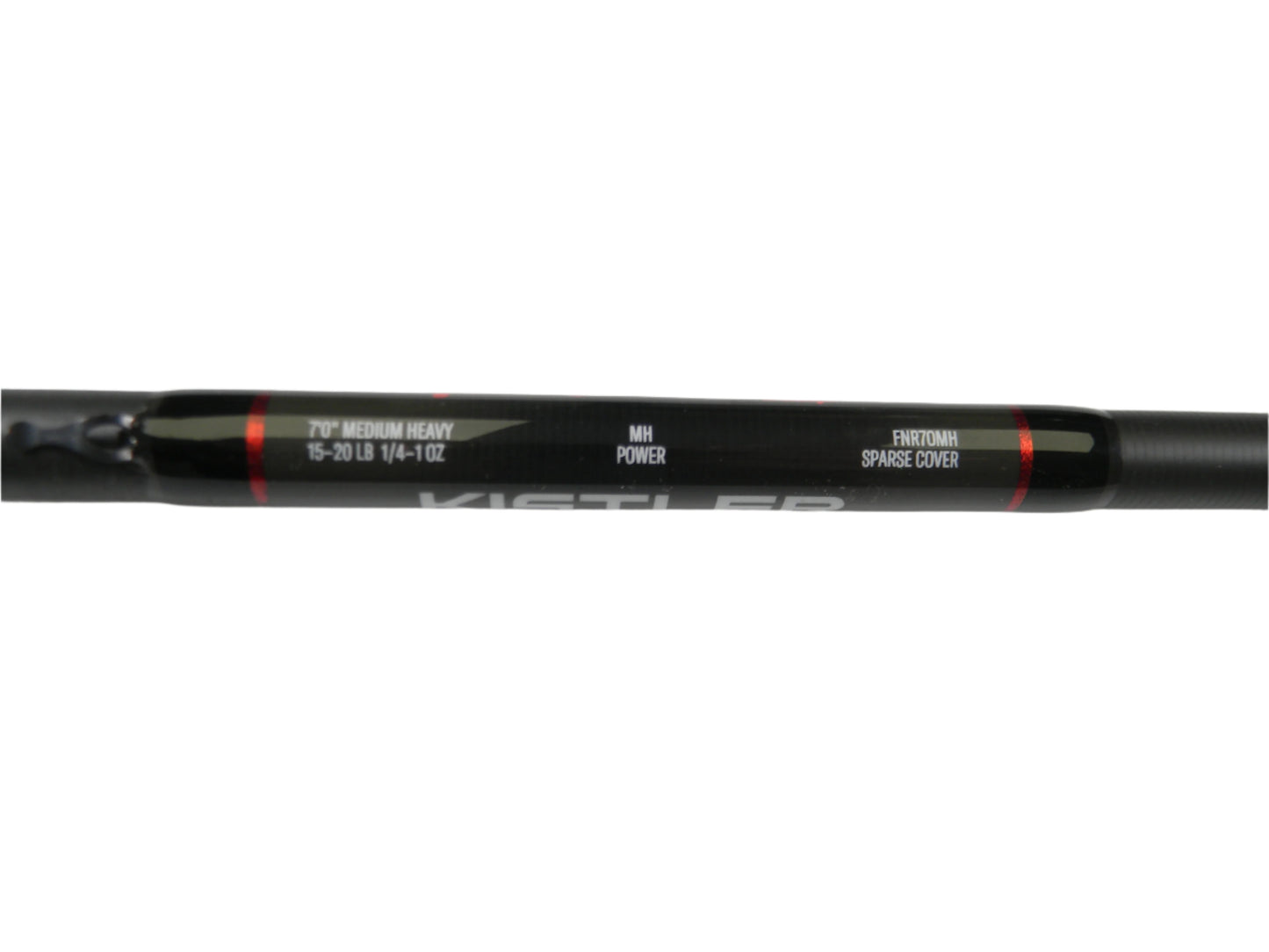 A close-up of the black handle on the Kistler Feel n Reel FNR70MH 7'0" Medium Heavy casting rod shows its specs. Part of our Nation's Best Rod and Reel Trade-In Program, this used gear offers store credit options.
